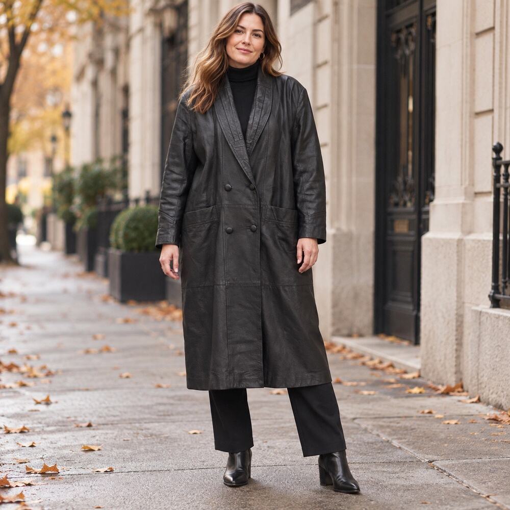 Vintage Marco Morani Black Genuine Leather Maxi Trench Coat Women’s L
